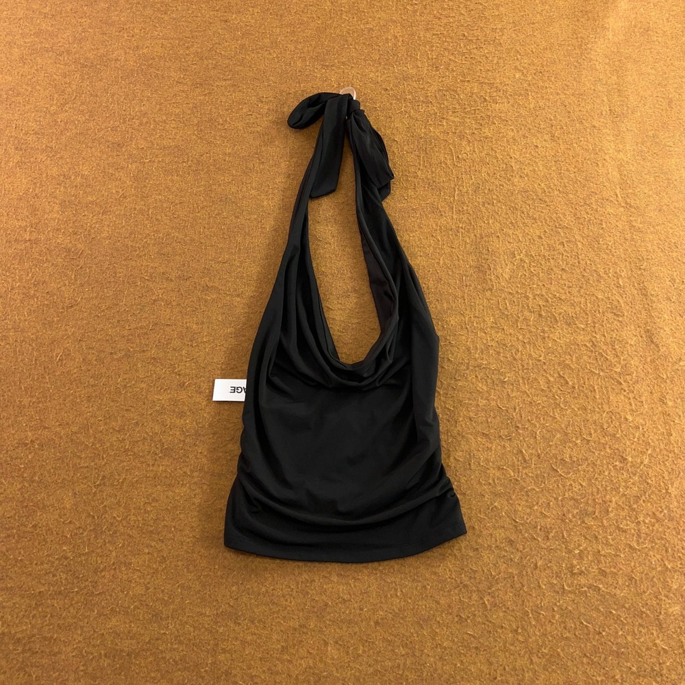Garage Women XS Black Deep Cowl Neck Ruched Halter Crop Top NWT